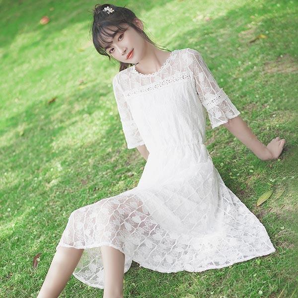 魅力の 白ワンピース ワンピ 可愛い 長袖 ホワイト レース Aライン スピーカースリーブ 袖あり ミモレ丈 Vネック レース 夏 大人可愛い ワンピース サイズ L Www Hestanto Web Id