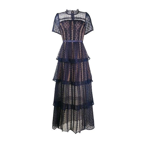 パーティードレス レース ワンピース スタンドカラー ロングドレス