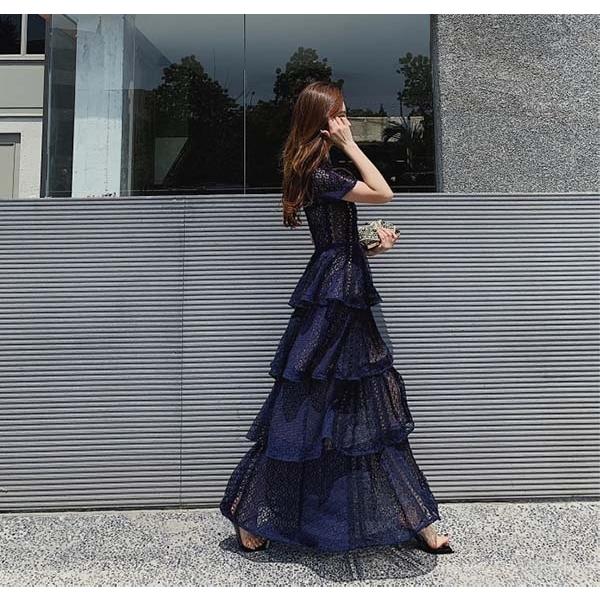 パーティードレス レース ワンピース スタンドカラー ロングドレス