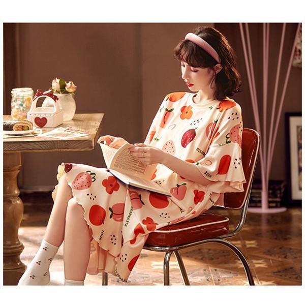 ルームウェア レディース パジャマ イチゴ柄 かわいい ワンピース 夏