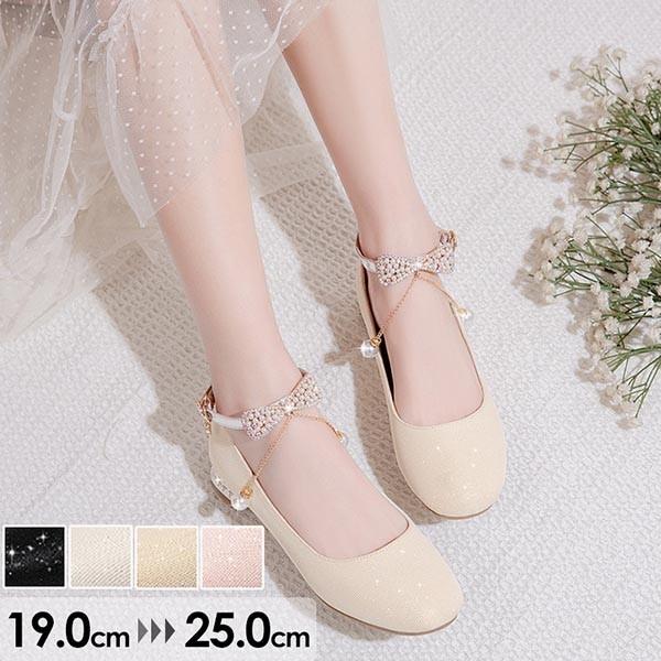 パンプス キラキラ ヒール3cm 太いヒール ローヒール ピンク ゴールド