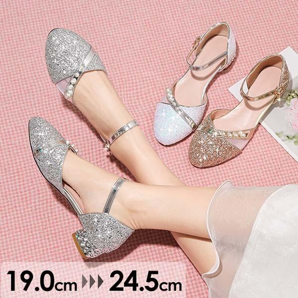 パンプス キラキラ ヒール3cm 太いヒール ローヒール 銀 金 白 チャン 