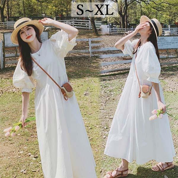 ワンピース 夏ワンピ ロング レディース 袖あり 無地 おしゃれ