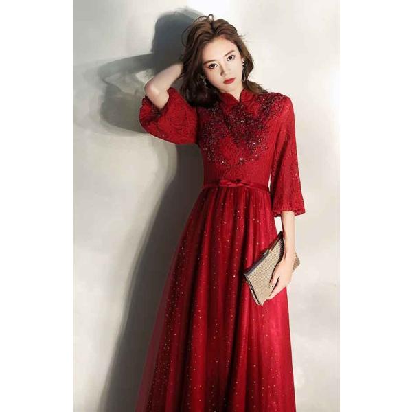 ドレス大人 ピアノ発表会 ワインレッド妊婦パーティードレスロング