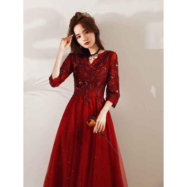 ロングドレス 演奏会 母親 結婚式 袖付き ドレス 大人 ピアノ 発表会 ワインレッド パーティードレス ロングドレス ワンピース 大きいサイズ 体型カバ ドレス 大人 ピアノ 発表会 ワインレッド 妊婦 パーティードレス