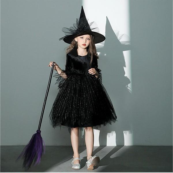 コスプレ 衣装 子供服 ハロウィン ウィッチ ワンピース パフスリーブ  