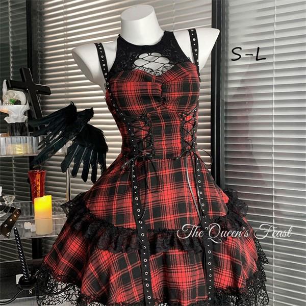 ゴシック ワンピース レディース ロング丈 チェック柄 ロリータ