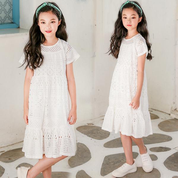 キッズ レースワンピース カットワーク 子供ドレス 半袖 インナー付き 女の子 膝丈 フレア 夏 2点セット キャミワンピ付 ロングワンピース 子供服 発表会 Cl0090 ショップモモ 通販 Yahoo ショッピング