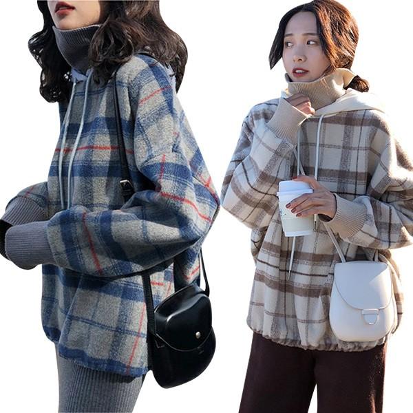 チェック柄 パーカー レディース パーカー タートルネック 重ね着風 トレーナー プルオーバー スウェット レディース ドロップショルダー 長袖 春物 秋物 Cl1119 ショップモモ 通販 Yahoo ショッピング