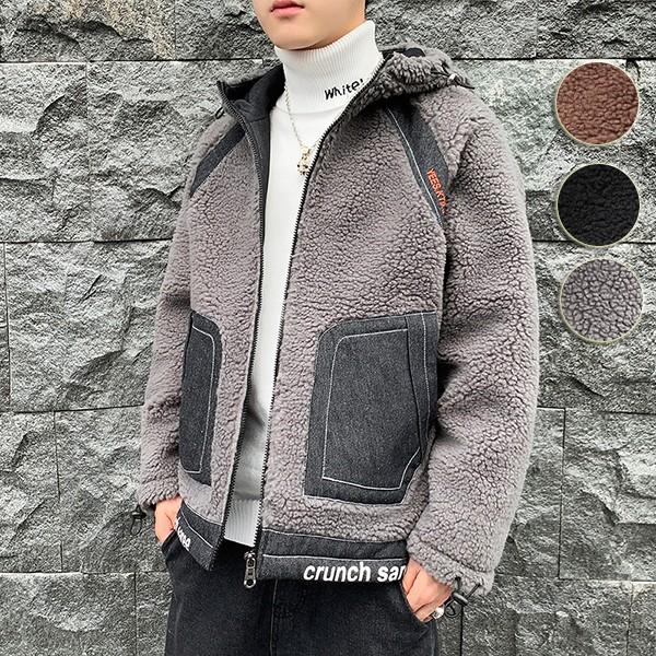 ジャケット 冬 メンズ ブルゾン フード付き ボアブルゾン ジャケット ボアパーカー ボアコート ボアジャケット パッチワーク 暖かい シープボア ジャンパー Cl1443 ショップモモ 通販 Yahoo ショッピング