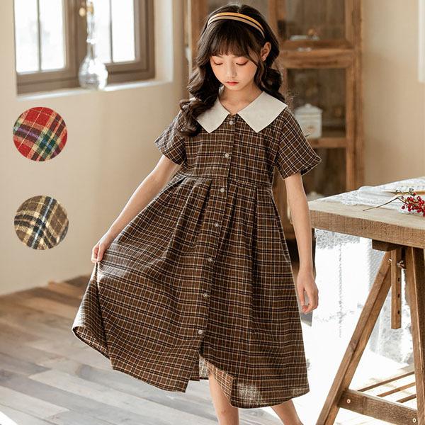 ワンピース キッズ チェック柄 半袖 フォーマル 丸襟 子供服 ドレス チェック ロング フレアワンピース レトロ ワンピース 演出 可愛い 結婚式のおよばれ Cl1515 ショップモモ 通販 Yahoo ショッピング