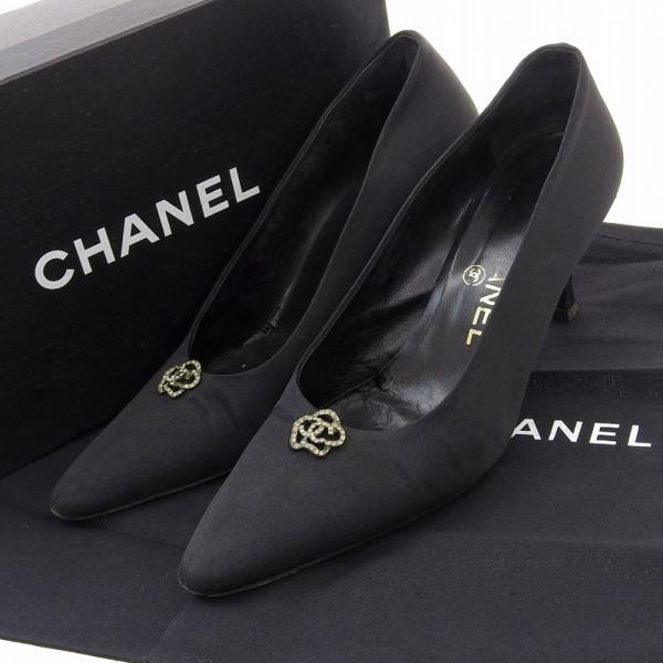 CHANEL パンプス　カメリア　ココマーク　サテン　ベロア　黒　38 1/2 CHANEL（シャネル） ピンヒール パンプス 靴 カメリア サテン 黒