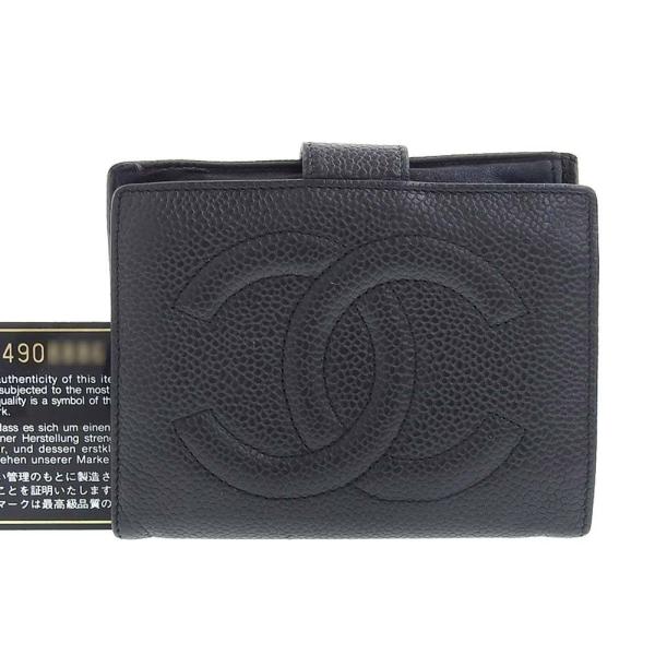 【本物保証】 保付 シャネル CHANEL ホック付 ガマ口付折財布 キャビアスキン 黒 シール付 4番台 ブティックシール(1998.8.15 K.T) A13497 shop-takashimaya7_tk21b1023012
