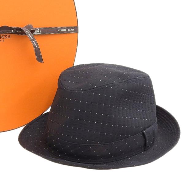 HERMES（エルメス） 帽子 57 ハット ドット柄 水玉柄 黒 ブラック 本物