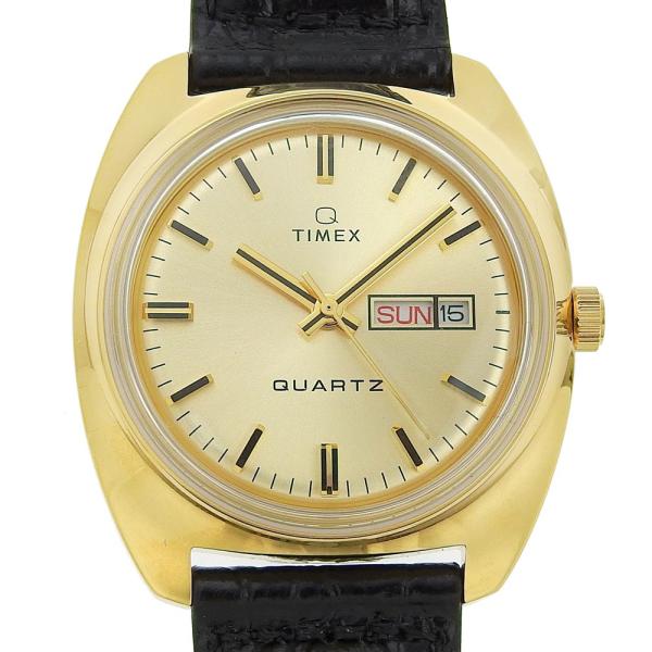 【本物保証】 箱・保付 新品同様 タイメックス TIMEX デイデイト TW2U87800 ゴールド文字盤 GP レザー クォーツ 電池 38ミリ メンズ 腕時計 shop-takashimaya7_tkh23b0915034