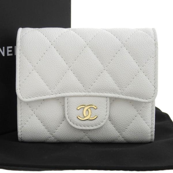 【本日限り！】シャネル キャビアスキン コンパクト ココマーク正規品保証2482 美品 CHANEL シャネル キャビアスキン がま口 ゴールド金具 財布