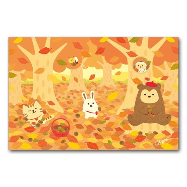かわいいポストカード どんぐりひろい 秋の絵葉書 : ポストカードと和