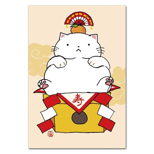 猫のイラストポストカード 鏡餅ねこ 縁起物絵葉書 年賀状