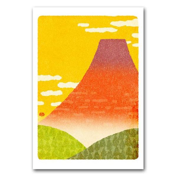 富士山イラストポストカード 赤富士 縁起物絵葉書 年賀状