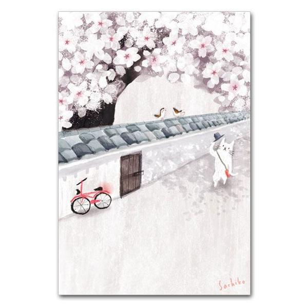 春のポストカード 桜と白壁 おしゃれな絵葉書