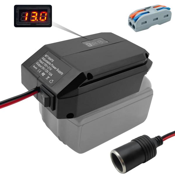 マキタ18Vバッテリーを12V電源として活用できる降圧コンバーター。最大130W、10A出力で車載冷蔵庫、空気清浄機、エアコンプレッサー、LEDライトなど幅広い機器に対応。5V〜13Vの可変電圧で細かな調整が可能です。【主な特徴】・マキタ1...