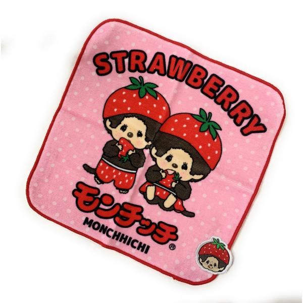 モンチッチ　いちごstrawberry　刺繍入り　ミニはんかちタオル