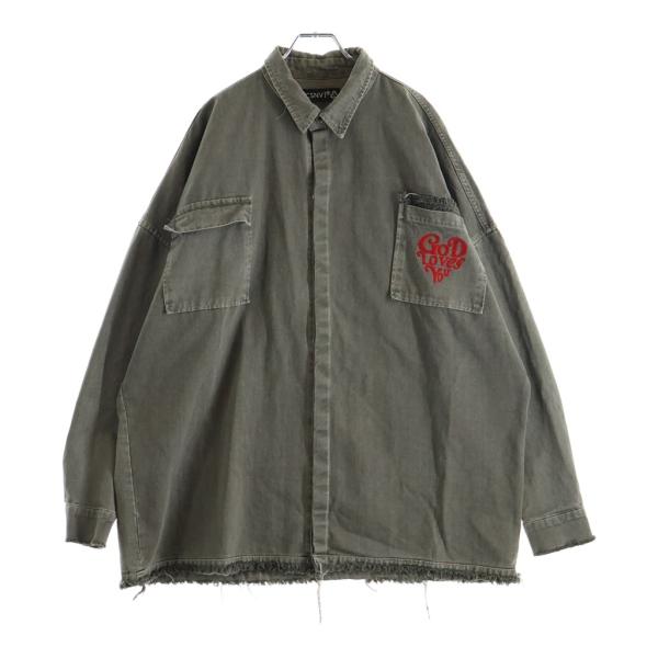 NO BRAND ノーブランド MAISON CASANOVA(メゾンカサノバ) Military Shirt ロゴ刺繍 ミリタリーシャツ 長袖シャツ カーキ