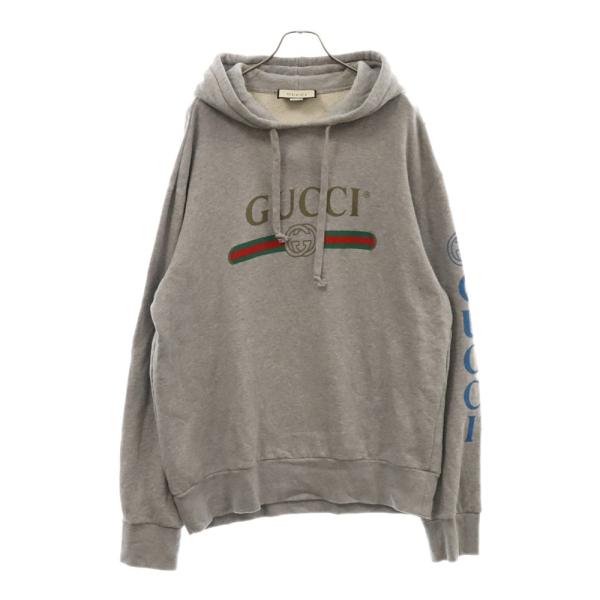 GUCCI グッチ ヴィンテージロゴ ドラゴン刺繍 プルオーバーパーカー グレー 475374 X9V46 GUCCI（グッチ） ヴィンテージロゴ ドラゴン刺繍 プルオーバーパーカー