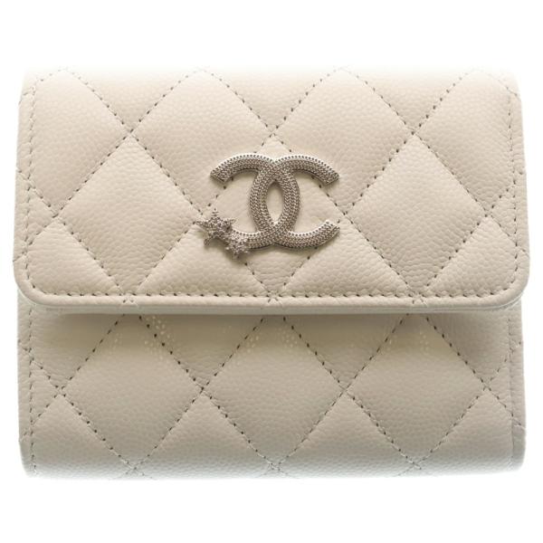 CHANEL シャネル マトラッセ スターロゴ スモールフラップウォレット 三つ折り財布 ケース ホワイト レザー キャビアスキン シルバー金具 CHANEL（シャネル） マトラッセ スターロゴ スモールフラップ