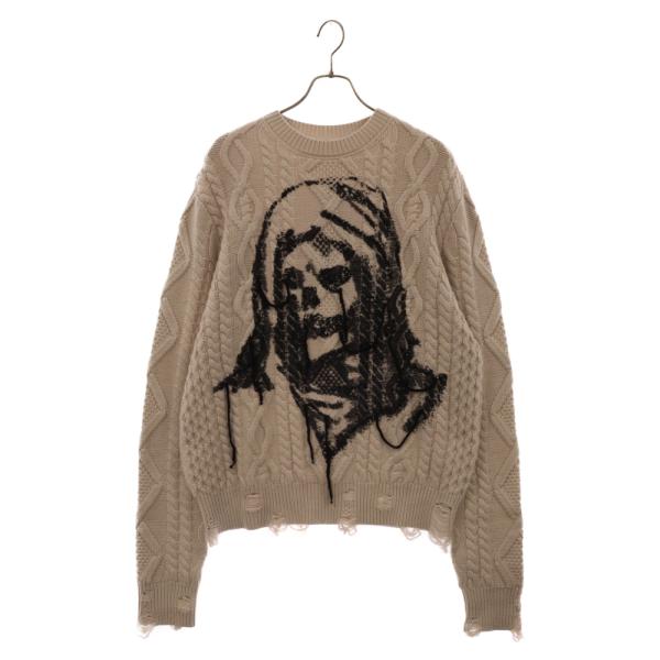 AMIRI アミリ 22AW WES LANG CABLE REAPER CREW ウェスラング スカル ダメージ加工クルーネックカシミアニットシャツ ベージュ AW22MKL023 shopbring_3124g230021