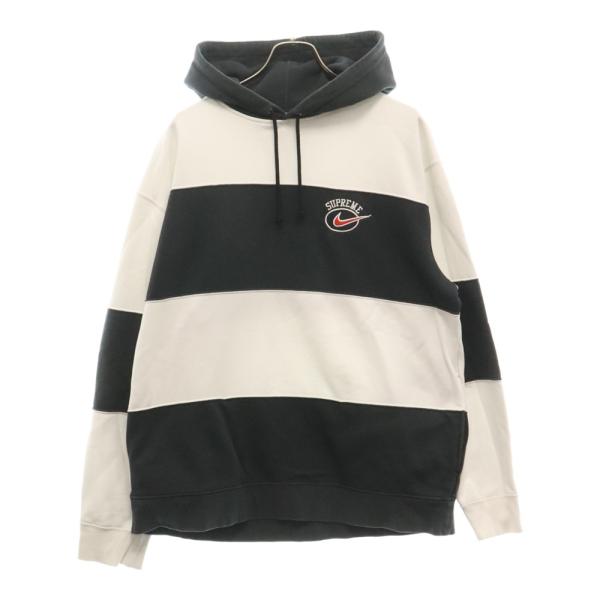 SUPREME シュプリーム 19SS ×NIKE Stripe Hooded Sweatshirt ナイキ ロゴ刺繍プルオーバースウェットパーカー フーディー ブラック/ホワイト BV7558-010 Supreme（シュプリーム） 19SS ×Stripe Hooded Sweatshirt ナイキ ロゴ