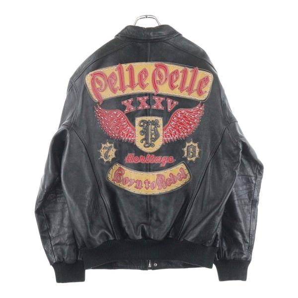 pelle ペレペレ スタッズロゴ レザーバーシティージャケット ブラック