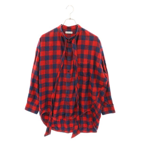 BALENCIAGA - BALENCIAGA バレンシアガ ダメージ加工オーバーサイズボウタイ長袖シャツ レディース レッド/ブルー 560934 TBM23 BALENCIAGA バレンシアガ ダメージ加工オーバーサイズボウタイ