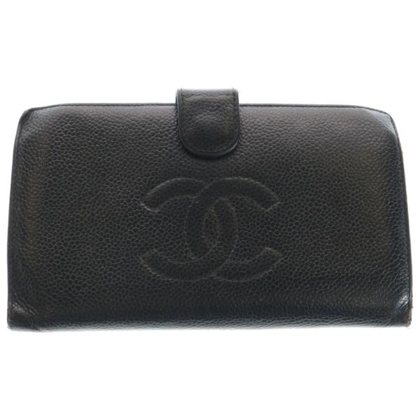 CHANEL（シャネル） キャビアスキン ココマーク がま口長財布 ブラック