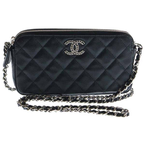 CHANEL シャネル マトラッセ キャビアスキン レザー ココマーク ロゴプレート チェーンショルダー バッグ ウォレット シルバー金具 ブラック AP3837 CHANEL（シャネル） マトラッセ キャビアスキン レザー ココマーク