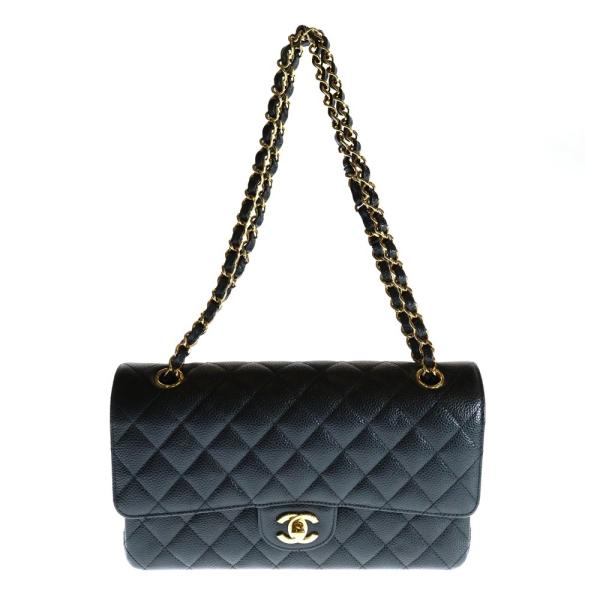 CHANEL シャネル マトラッセ25 ダブルフラップ ダブルチェーン ショルダーバッグ ブラック キャビアスキン ゴールド金具 シャネルダブルフラップ チェーンショルダー 25 14143 黒 ゴールド金具