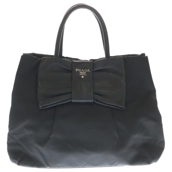 [値下げ] PRADAプラダ リボンバッグ 黒 ナイロン&皮 保証書付き PRADA（プラダ） リボン ハンドバッグ ミニトートバッグ ブラック