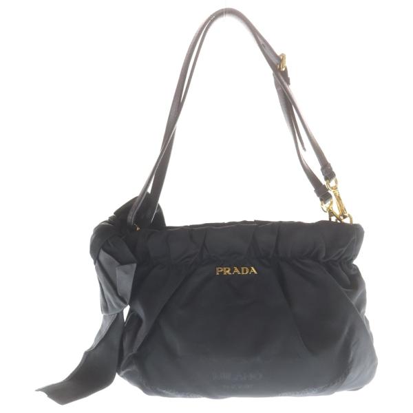 PRADAパテントレザーサイドリボンバッグ黒ショルダー紐付きゴールド金具 PRADA（プラダ） リボン ハンドバッグ ショルダーバッグ ブラック