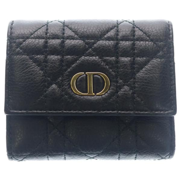 Christian Dior クリスチャンディオール カロ グリシン コンパクトウォレット 三つ折り財布 ケース ブラック レザー ゴールド金具 Christian Dior（クリスチャン・ディオール） ディオール コンパクト