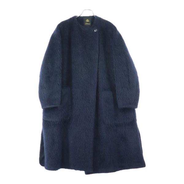美品Drawerドゥロワーウール100% ノーカラーニットコートダブルBネイビー DRAWER（ドゥロワー） アルパカ ウール シャギー ノーカラー ダブル