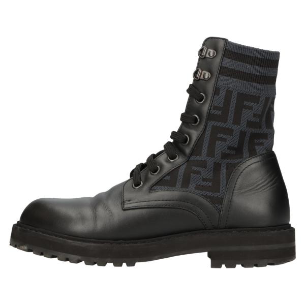 【美品】FENDI シューズ F Fズッカ柄 / ブラック　 レザー　36 FENDI（フェンディ） FFモチーフ ズッカ柄 ニット切り替え レザー