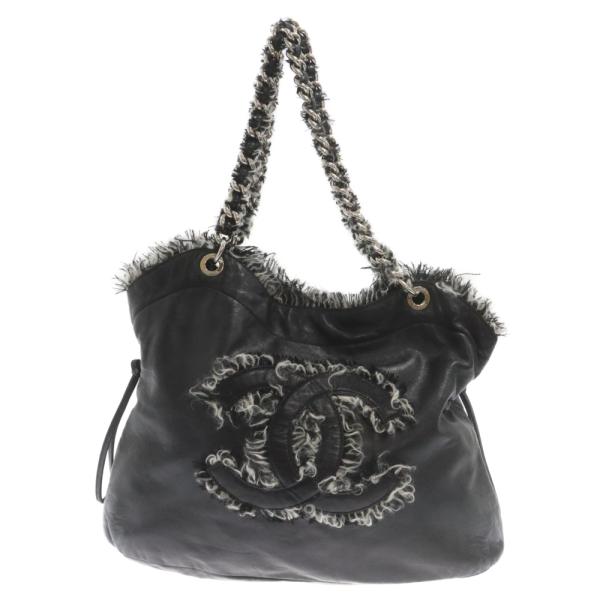 ☆CHANEL ブラック ツィード チェーン ショルダーバッグ☆ CHANEL（シャネル） レザー/ツイード チェーンハンドルバッグ ブラック