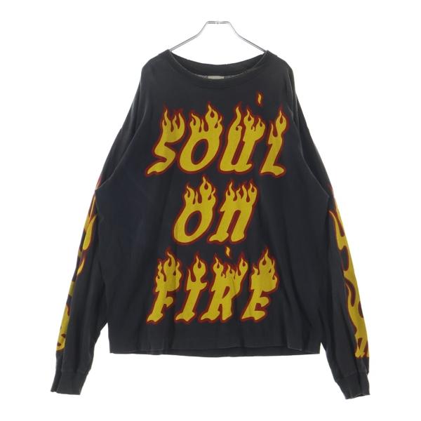 セントマイケル 24AW LS TEE / SOUL ON FIRE ヴィンテージ加工 両面プリントTシャツ 長袖クルーネックカットソー ブラック SM-YS1-0000-012