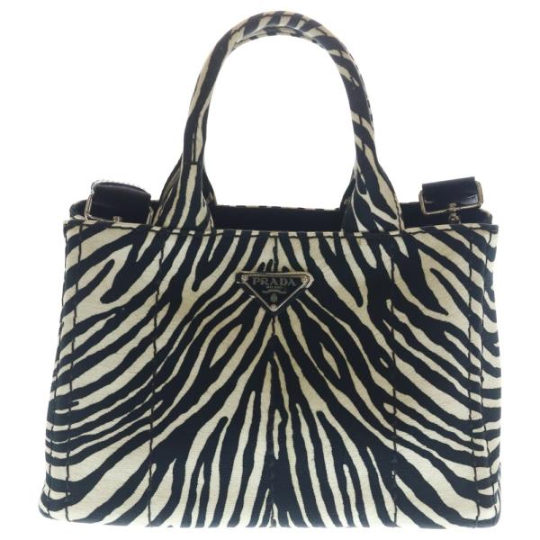 PRADA プラダ カナパ 2WAYハンドバッグ ゼブラ ショルダーバッグ ホワイト×ブラック キャンバス 1BG439 シルバー金具 PRADA - PRADA プラダ カナパ 2WAYハンドバッグ ゼブラ ショルダー