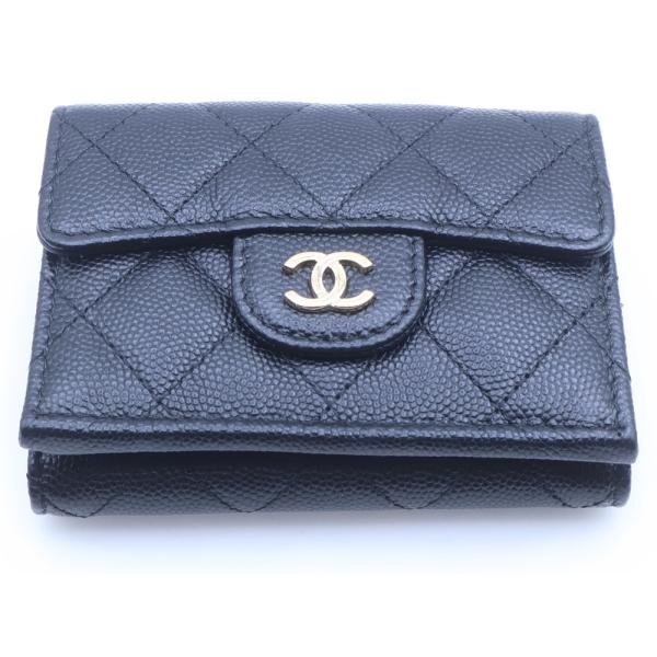 CHANEL シャネル マトラッセ ココマーク キャビアスキン レザーコンパクトウォレット 三つ折り財布 GD金具 ブラック CHANEL（シャネル） マトラッセ ココマーク キャビアスキン レザー