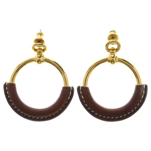 HERMES エルメス ループグラン ピアス ゴールド GP×革