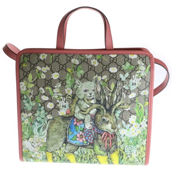 GUCCI グッチ ×ヒグチユウコ GGスプリーム チルドレンズ ニャンコとアノマロ PVC レザー 2WAY ハンド ショルダートートバッグ シルバー金具 ベージュ/ピンク 612992 GUCCI（グッチ） ×ヒグチユウコ GGスプリーム チルドレンズ ニャンコと