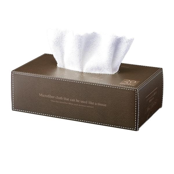 カラー：ホワイトサイズ：23cmスタイル：20枚入【商品仕様】商品サイズ/(約)23×23cm、内容量/20枚、材質/ポリエステル・ナイロン【ティッシュ感覚でサッと取り出せる】出しっぱなしでも気にならない、レザー柄のボックスで汚れが気になっ...