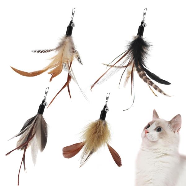 カラー：原色 ４個交換用安全安心に遊べる天然鳥の羽根（4羽）：ねこじゃらしの先端につけるおもちゃは6の原色の天然羽根、楽に交換できる羽単品のおもちゃ（羽のおもちゃ4セット）釣り竿なし可愛いデザイン：多種類な羽、混ざり合って、ひらひらと動きま...