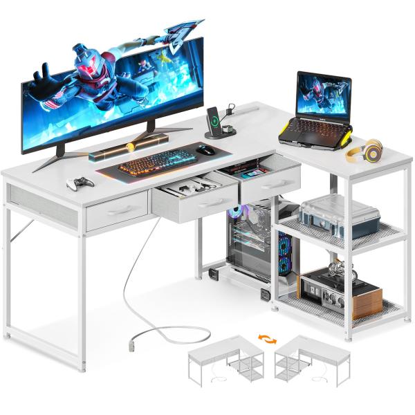 ODK ゲーミングデスク 引き出し3杯 パソコンデスク コンセント付き l字